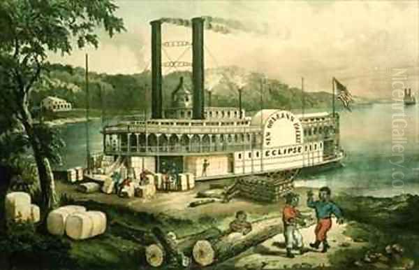 Loading Cotton on the Mississippi Oil Painting by Currier