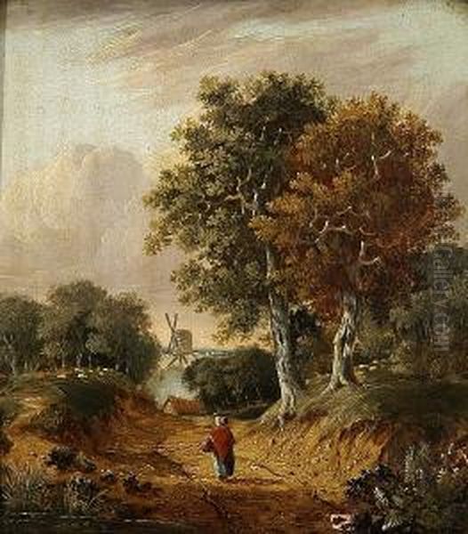 Figure On A Path With Mill Beyond Oil Painting by Henry Ladbrooke