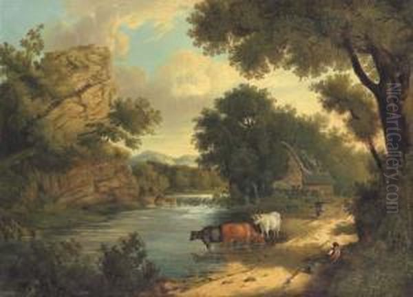 View Near Knaresborough, With Cattle And Figures By A River Oil Painting by Henry Ladbrooke