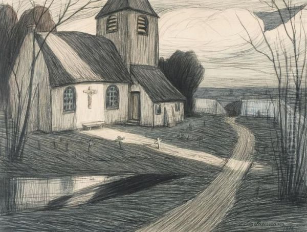 L'eglise De Campagne - Town's Church (1916) Oil Painting by Eugene Laermans