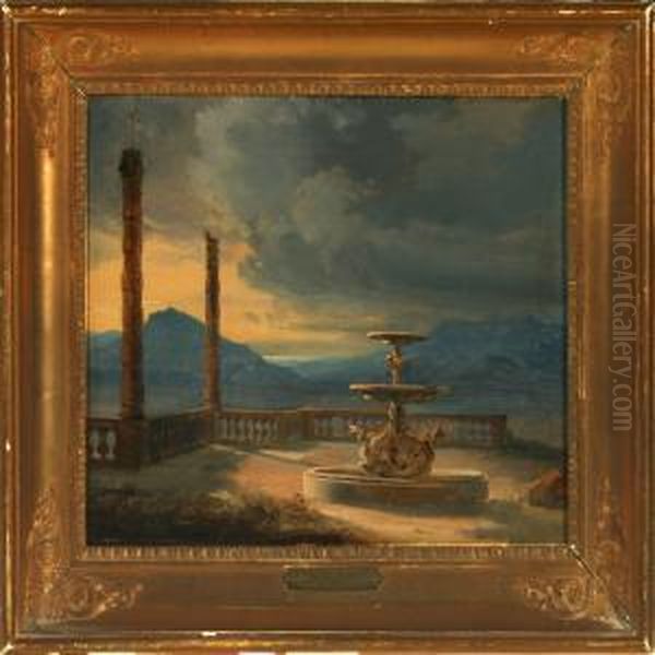 A Fountain On A Terrace With Antique Columns Oil Painting by Thorald Laessoe