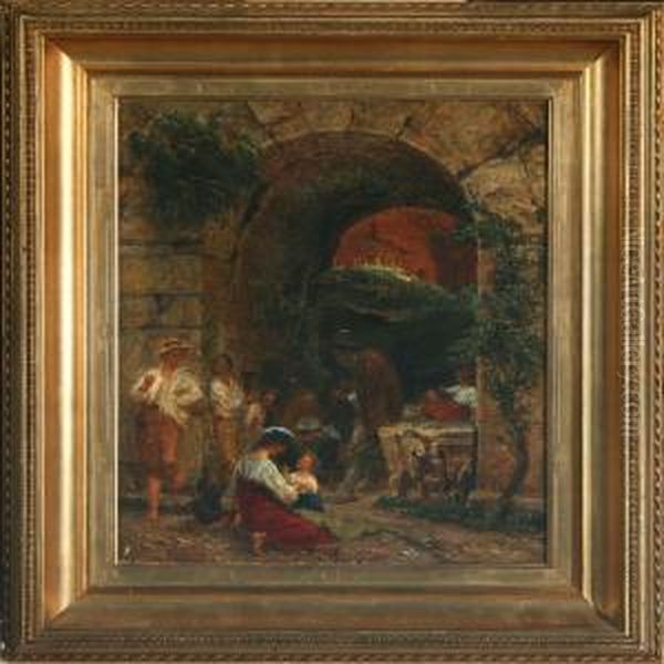 Scenery With Persons Under A Brigde Oil Painting by Thorald Laessoe