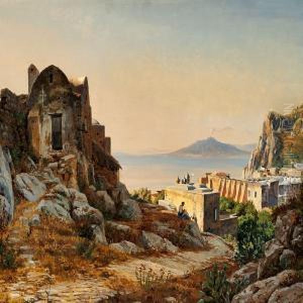 View From Capri Withmount Vesuvius Oil Painting by Thorald Laessoe