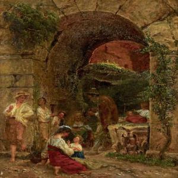 Scenerywith Persons Under A Brigde Oil Painting by Thorald Laessoe