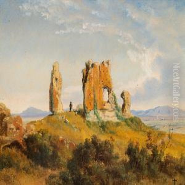 An Italian Landscape With Antique Ruins Oil Painting by Thorald Laessoe