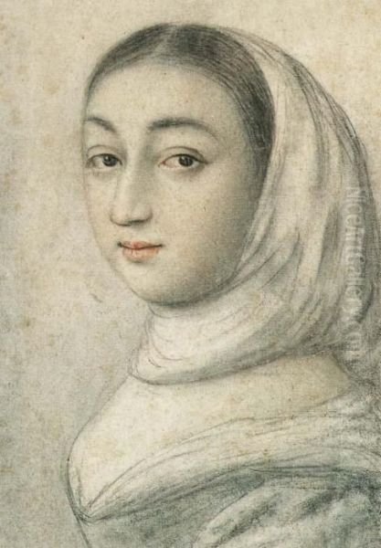 Portrait Of A Young Woman Wearing A Scarf, Turned To The Left Oil Painting by Nicolas Lagneau