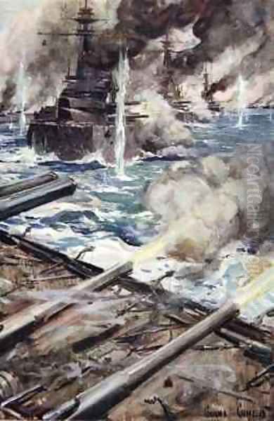 A fleet of battleships firing broadside Oil Painting by Cyrus Cuneo