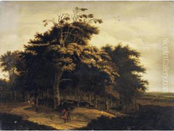 Wooded Landscape With Travellers Oil Painting by Johan Lagoor