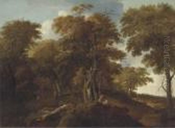 An Extensive Wooded Landscape With Travellers On A Track Oil Painting by Johan Lagoor