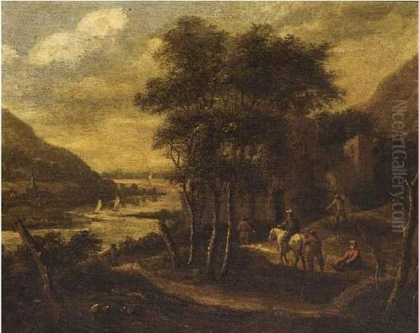 Figures In A Mountainous River Landscape Nearby A Ruin Oil Painting by Johan Lagoor