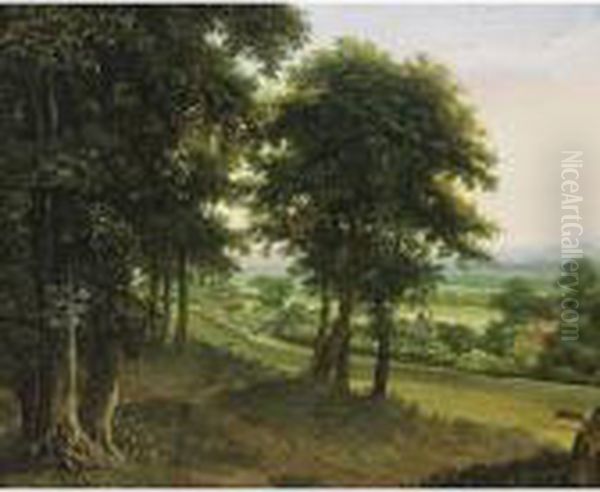 An Extensive Wooded Landscape With Houses, Hills Beyond Oil Painting by Johan Lagoor