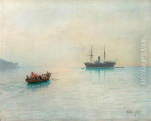 Sailing Ship And Rowing Boat. 1904 Oil Painting by Lef Feliksovich Lagorio