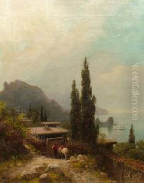 Coastal Landscape With A Figure By A Cottage Oil Painting by Lef Feliksovich Lagorio