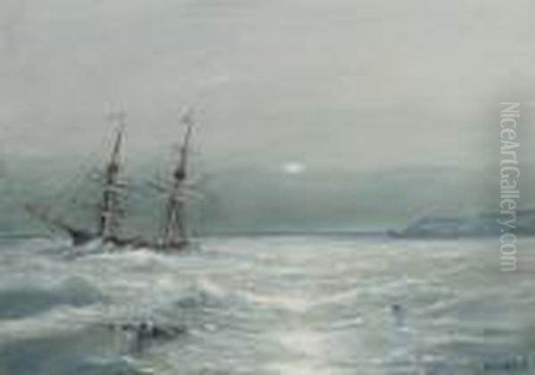 Shipping In A Storm Oil Painting by Lef Feliksovich Lagorio