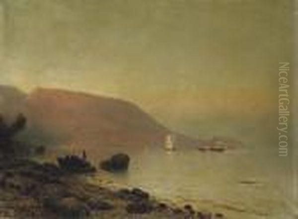 Fishermen On A Rocky Coastline Oil Painting by Lef Feliksovich Lagorio