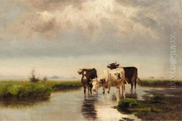 Cattle By A Stream Oil Painting by Lef Feliksovich Lagorio