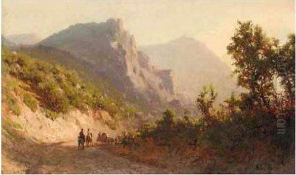 Travellers In A Landscape Oil Painting by Lef Feliksovich Lagorio