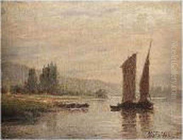 Sailing Barge On The River Oil Painting by Lef Feliksovich Lagorio