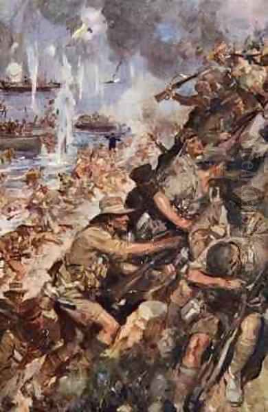 Midst Shot and Shell we made the narrow Beach landing at Gallipoli Oil Painting by Cyrus Cuneo