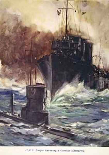 HMS Badger ramming a German submarine Oil Painting by Cyrus Cuneo