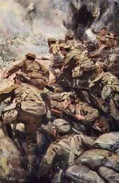 Repulsing a frontal attack with rifle and bayonet Oil Painting by Cyrus Cuneo