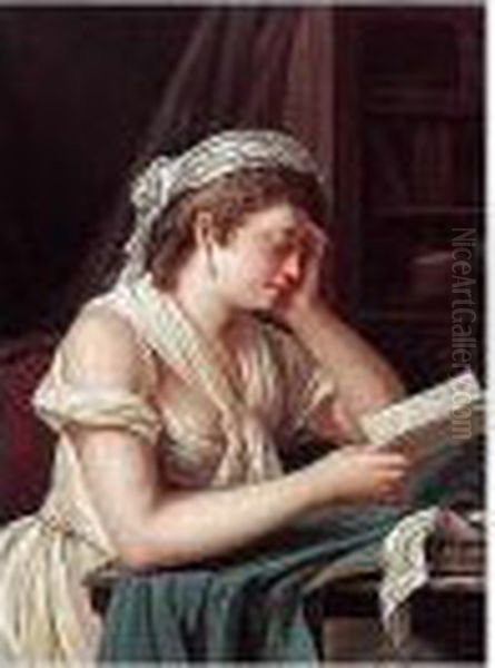 Interior With A Young Woman Reading At Her Desk Oil Painting by Jean Jacques II Lagrenee