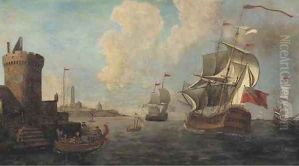 A Mediterranean coastal inlet with Dutch and British men-o'war and other shipping Oil Painting by Adriaen Van Der Cabel