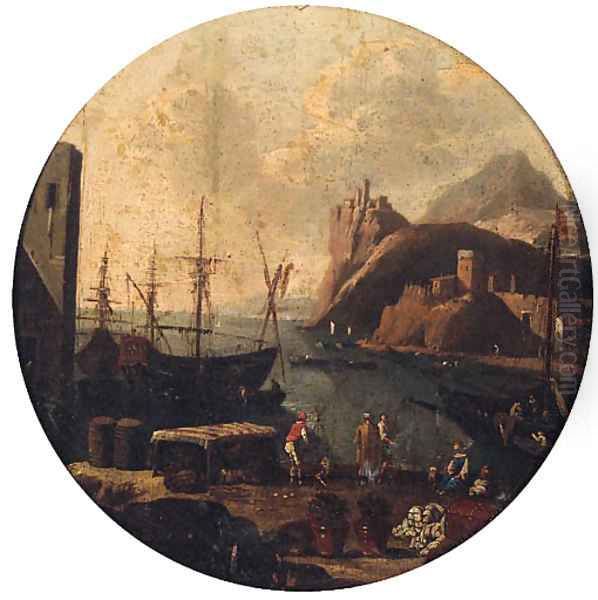 A Mediterranean port with figures on a quay, a clifftop fort beyond Oil Painting by Adriaen Van Der Cabel