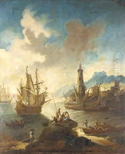 A Mediterranean port with fishermen in the foreground Oil Painting by Adriaen Van Der Cabel