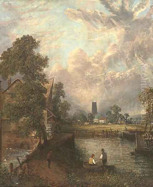 Anglers before a mill, with a church beyond Oil Painting by John Constable