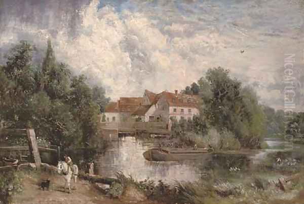 Flatford Mill with a figure on a white horse in the foreground Oil Painting by John Constable