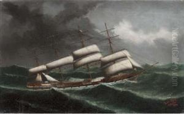 The Four Masted Sailing Ship County Of Peebles In Rough Seas Oil Painting by Lai Fong