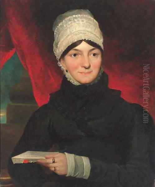 Portrait of Mrs Evans, half-length, in a black dress with white bonnet, holding a letter in her left hand Oil Painting by John Constable