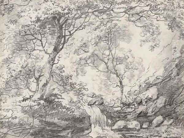 A woodland landscape with a waterfall Oil Painting by John Constable