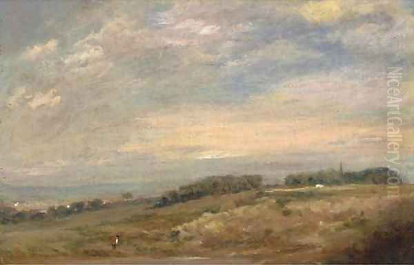 An extensive landscape with a figure in the foreground, traditionally identified as Sandpits near Dedham Oil Painting by John Constable