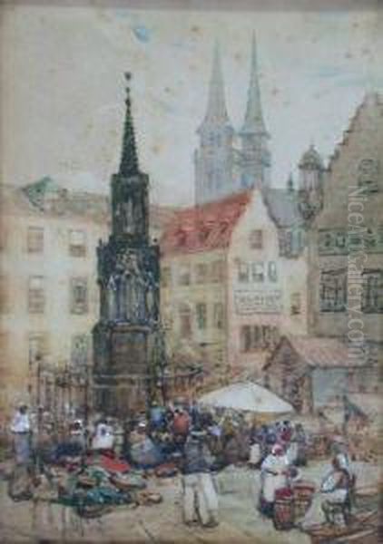 A Continental Town Square Oil Painting by James Garden Laing