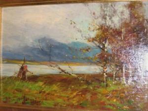 Autumnal Lakeside Scene Oil Painting by Tomson Laing