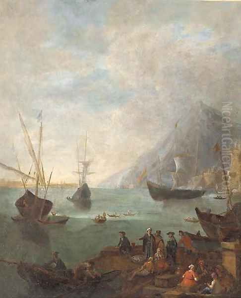 A Mediterranean coastal landscape with fishermen and other figures in the foreground Oil Painting by Adrian van der Cabel