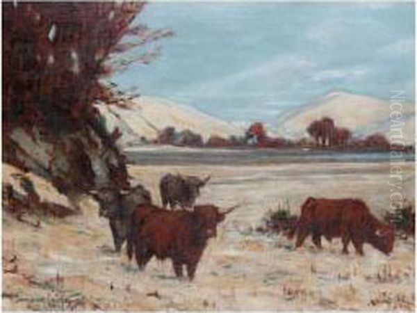 Snowy Landscape With Highland Cattle Oil Painting by Tomson Laing