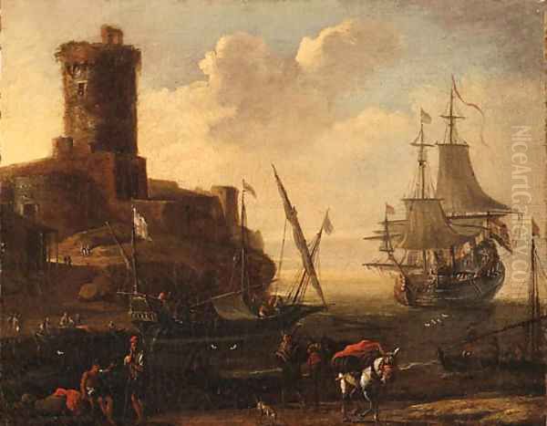 A Mediterranean Port Oil Painting by Adrian van der Cabel