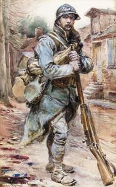 Soldat Vor Einem Gebaude. Oil Painting by Alphonse Lalauze