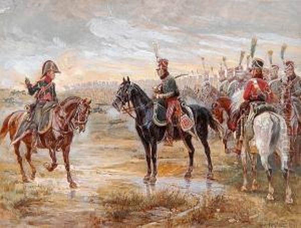 Officers On Horseback Amid A Battlefield Scene Oil Painting by Alphonse Lalauze