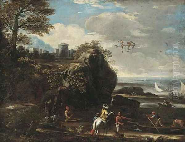 A Mediterranean coastal inlet with fishermen and boating, a hilltop town beyond Oil Painting by Adriaan Van Der Cabel