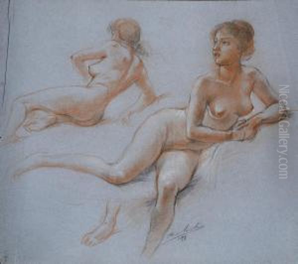 Deux Nus Feminins Oil Painting by Adolphe Lalire