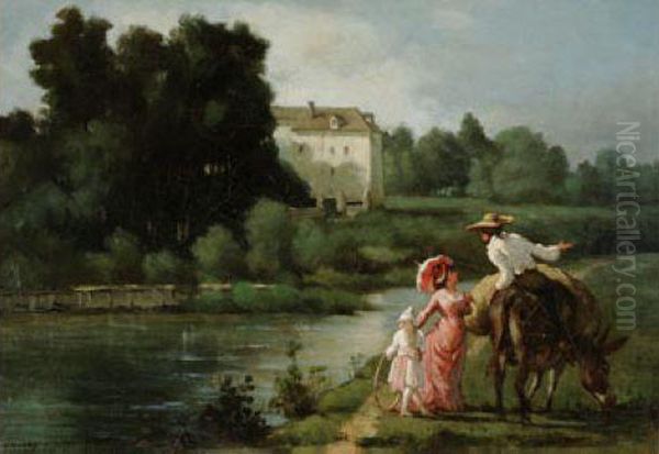 Elegante Et Cavalier Au Bord De La Riviere Oil Painting by Adolphe Lalire