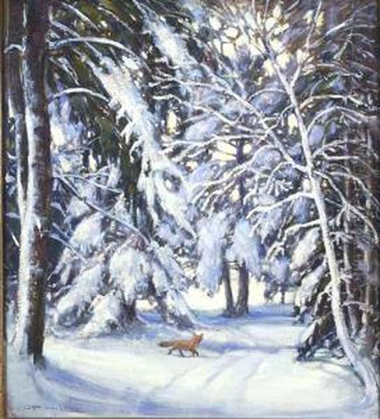 A Fox Scampersacross A Snow-filled Landscape Oil Painting by Frederick Mortimer Lamb