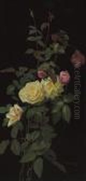 Still Life With Pink And Yellow Roses Oil Painting by George Cochran Lambdin