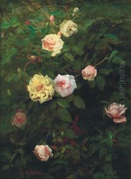 Pink And Yellow Roses Oil Painting by George Cochran Lambdin