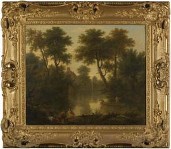 Village Pond With Two Men In A Punt Oil Painting by George Lambert