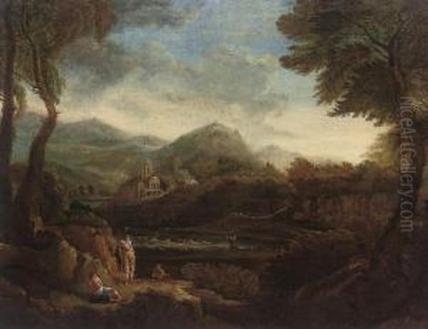 A Wooded River Landscape With Bathers In The Foreground, Mountains Beyond Oil Painting by George Lambert